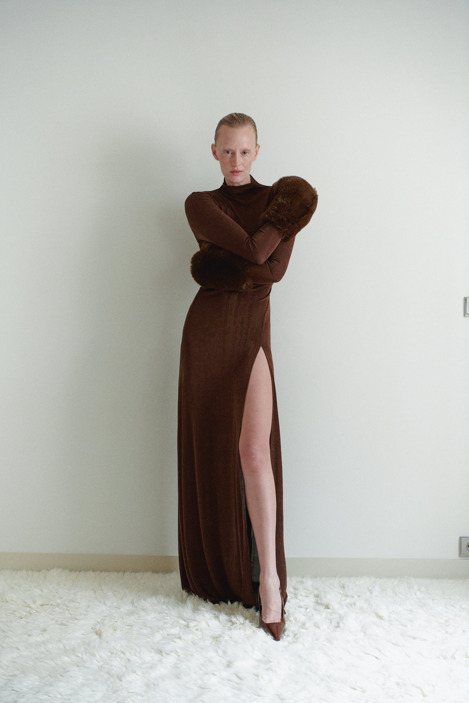 Brown Maxi Dress with Detachable Fur Details and Side Slit