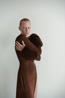 Brown Maxi Dress with Detachable Fur Details and Side Slit