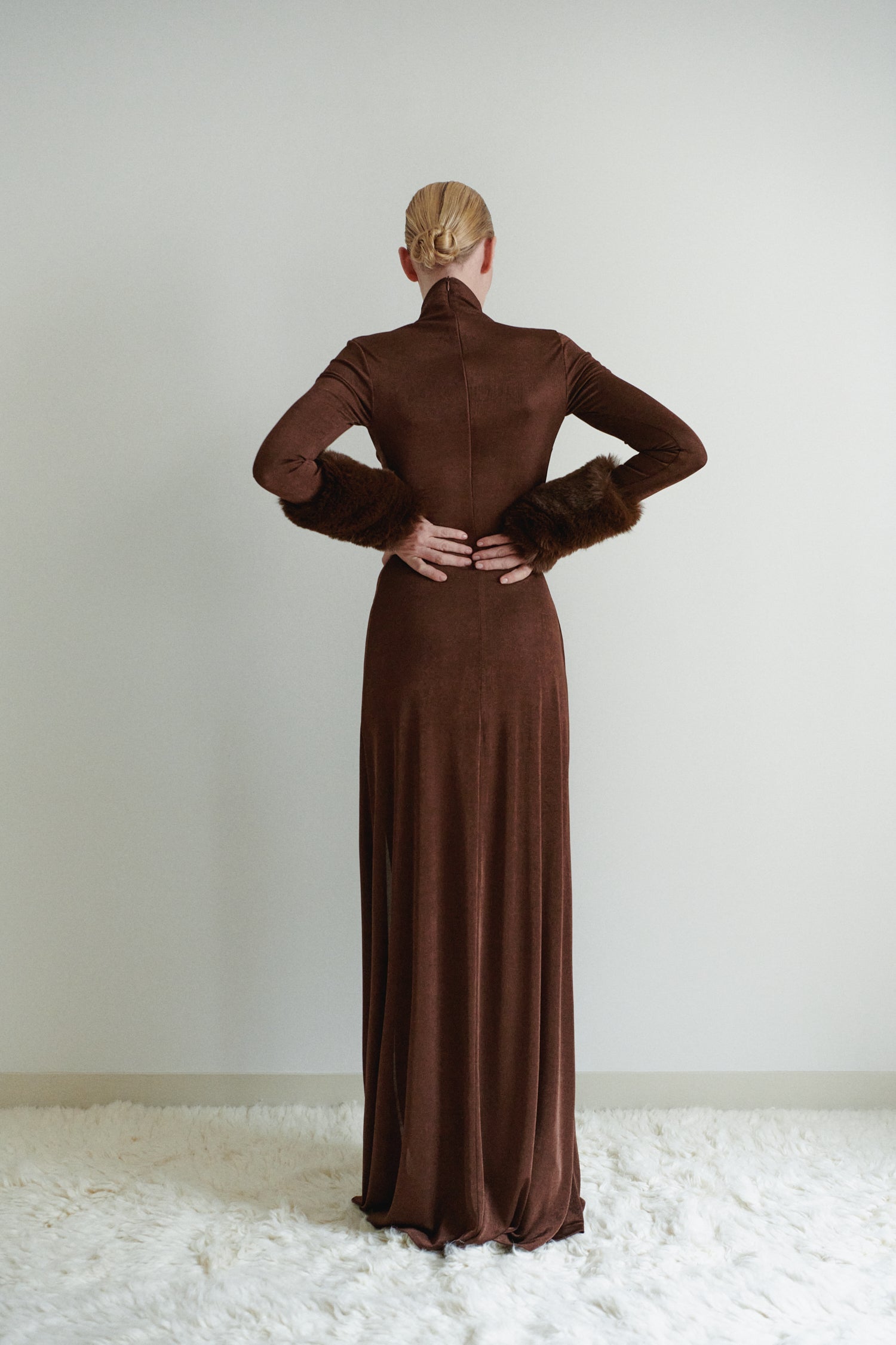 Brown Maxi Dress with Detachable Fur Details and Side Slit