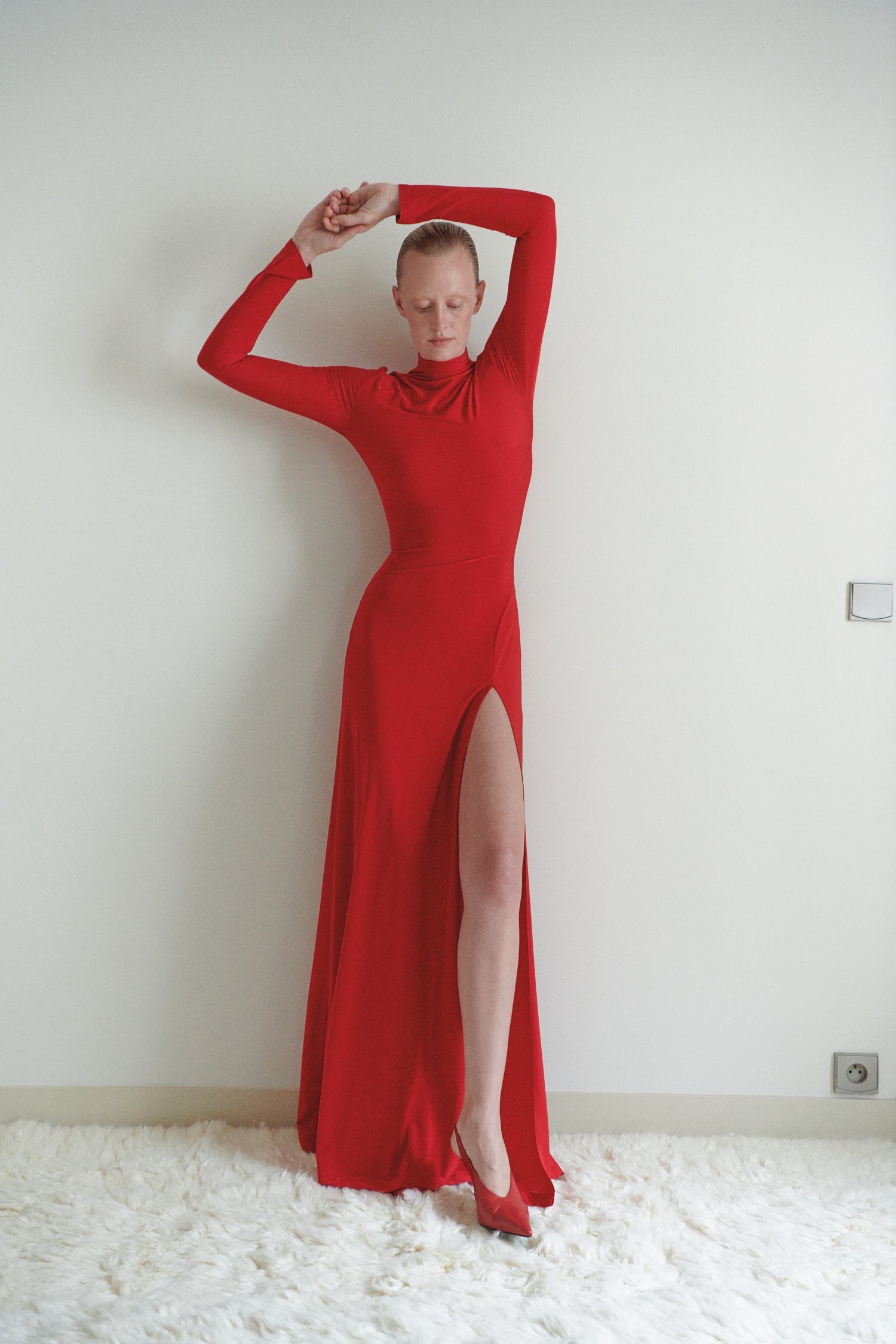 Red Maxi Dress with Detachable Fur Details and Side Slit