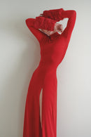 Red Maxi Dress with Detachable Fur Details and Side Slit