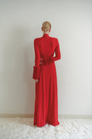 Red Maxi Dress with Detachable Fur Details and Side Slit