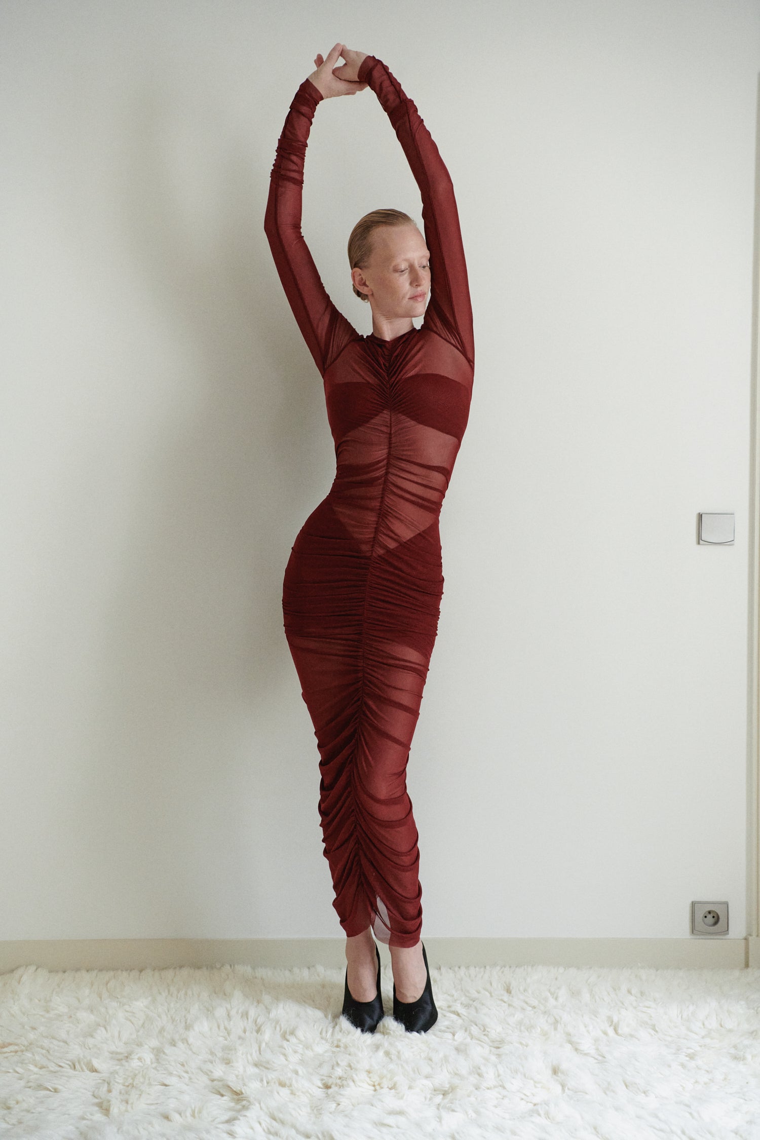 Burgundy Tulle Draped Dress With Two Piece Lining