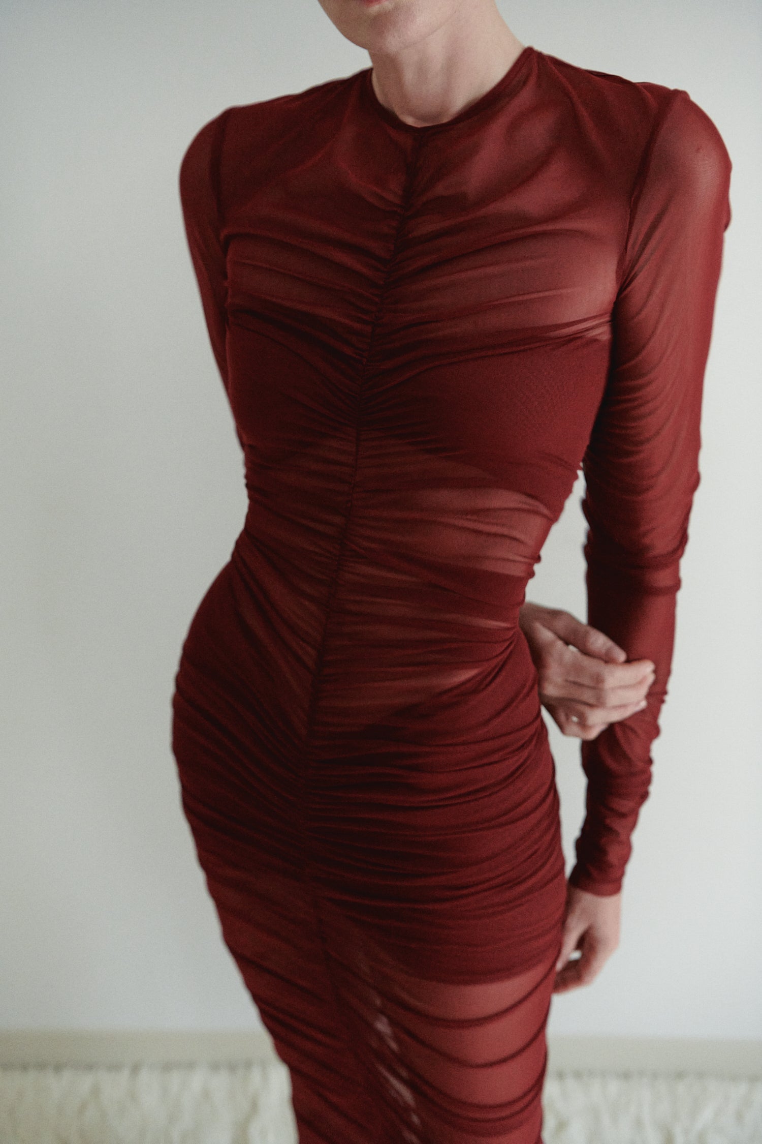 Burgundy Tulle Draped Dress With Two Piece Lining