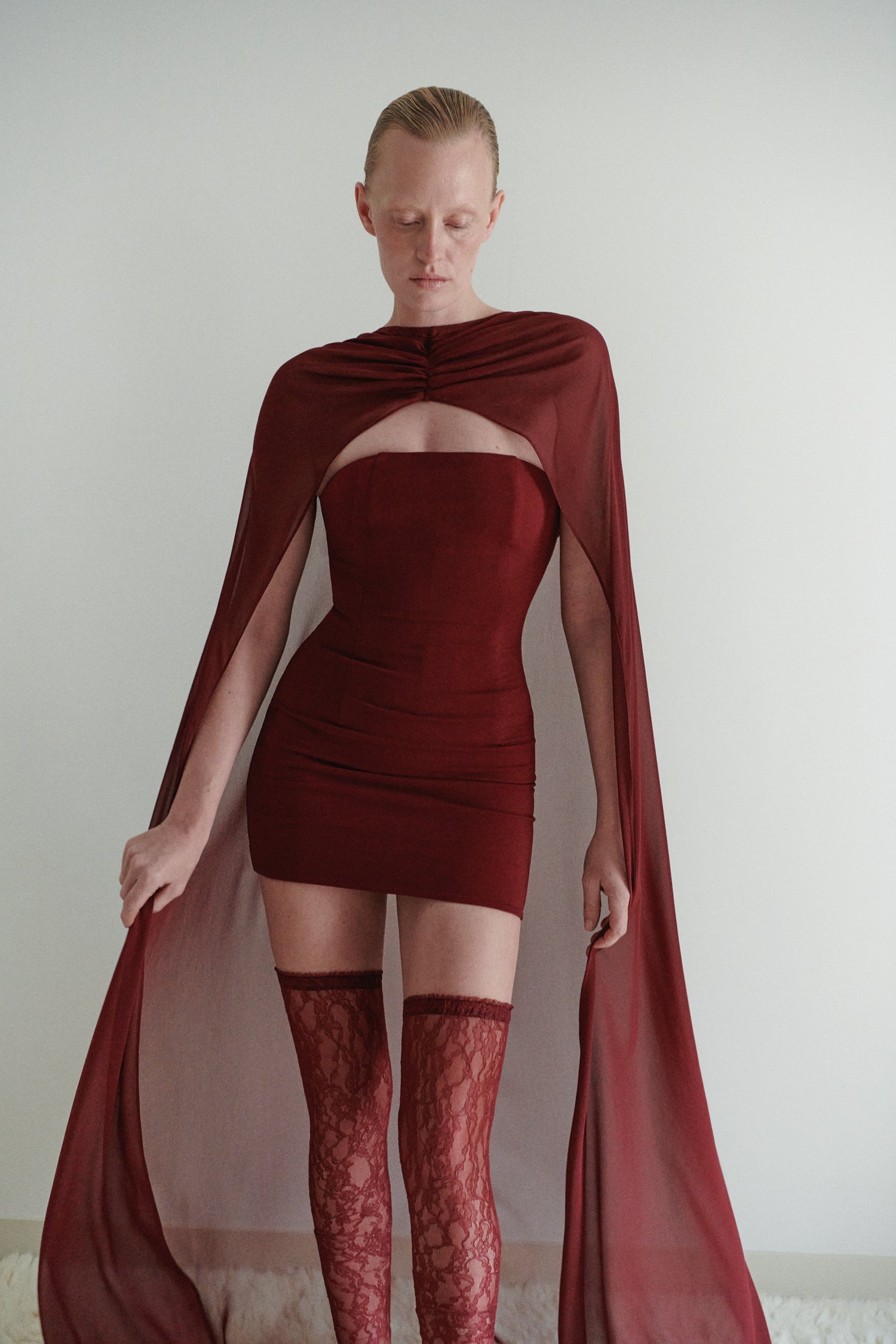 Burgundy Strapless Mini Dress with Cape and Double Garter