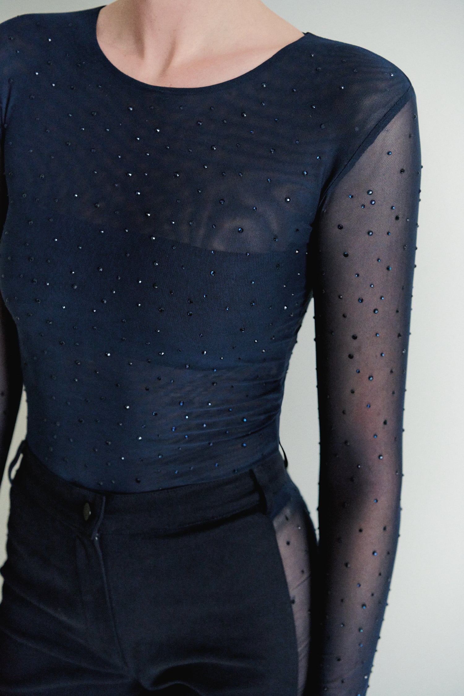 Navy Embellished Tulle Bodysuit