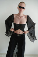 Dark Grey Stone Embellished Organza Top with Train