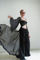 Dark Grey Stone Embellished Organza Top with Train