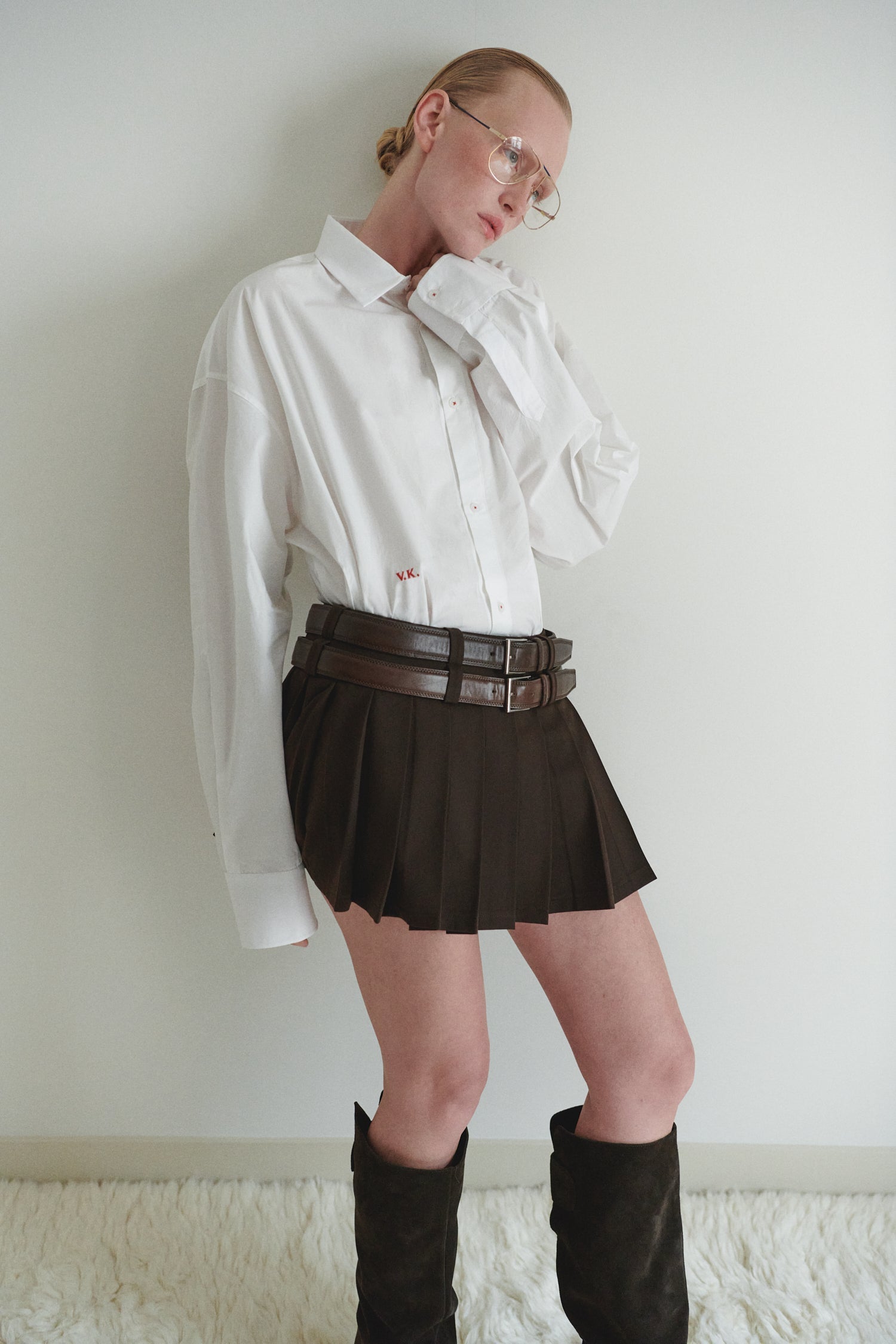 Brown Pleated Mini Skirt with Double Belt