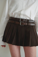 Brown Pleated Mini Skirt with Double Belt