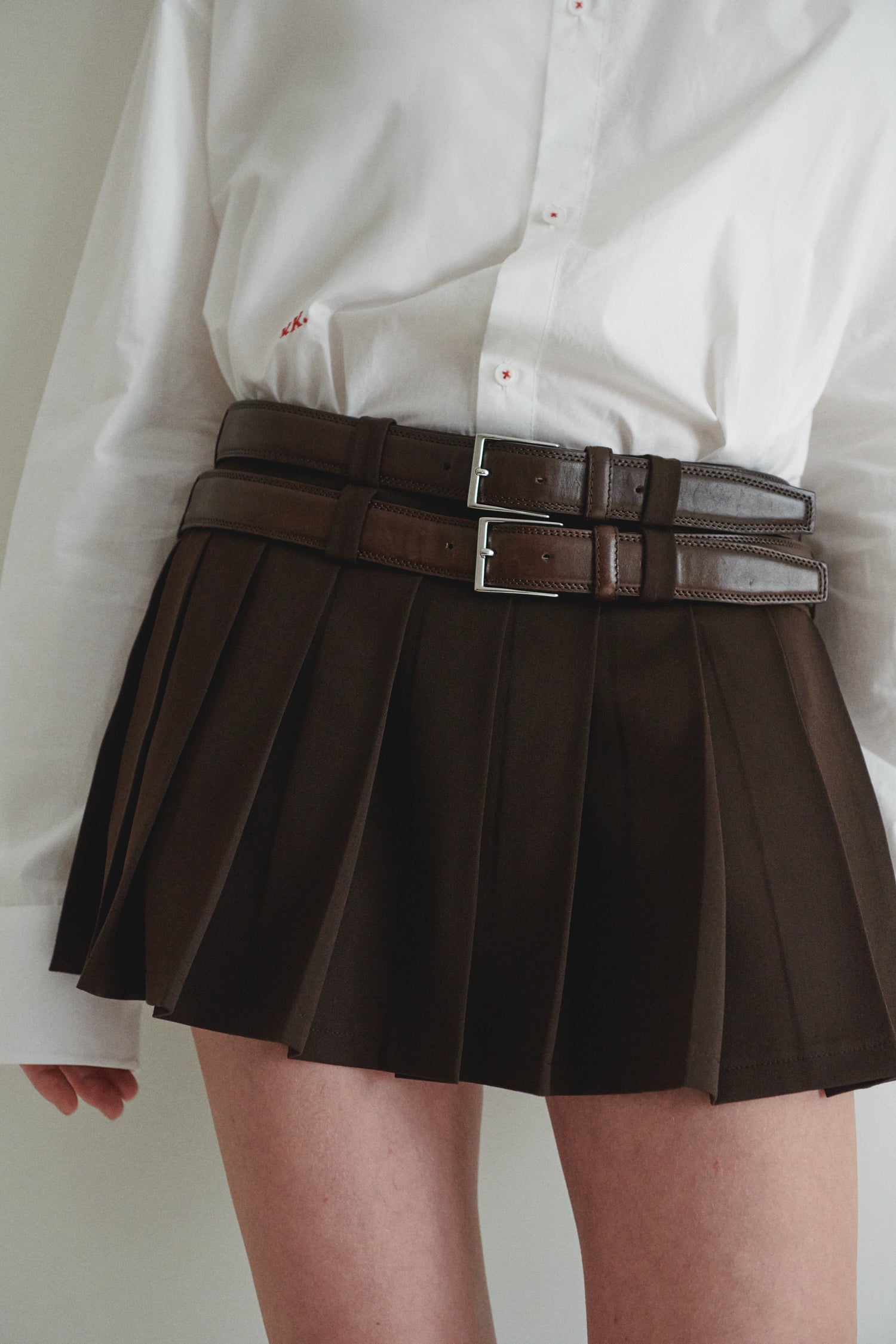 Brown Pleated Mini Skirt with Double Belt