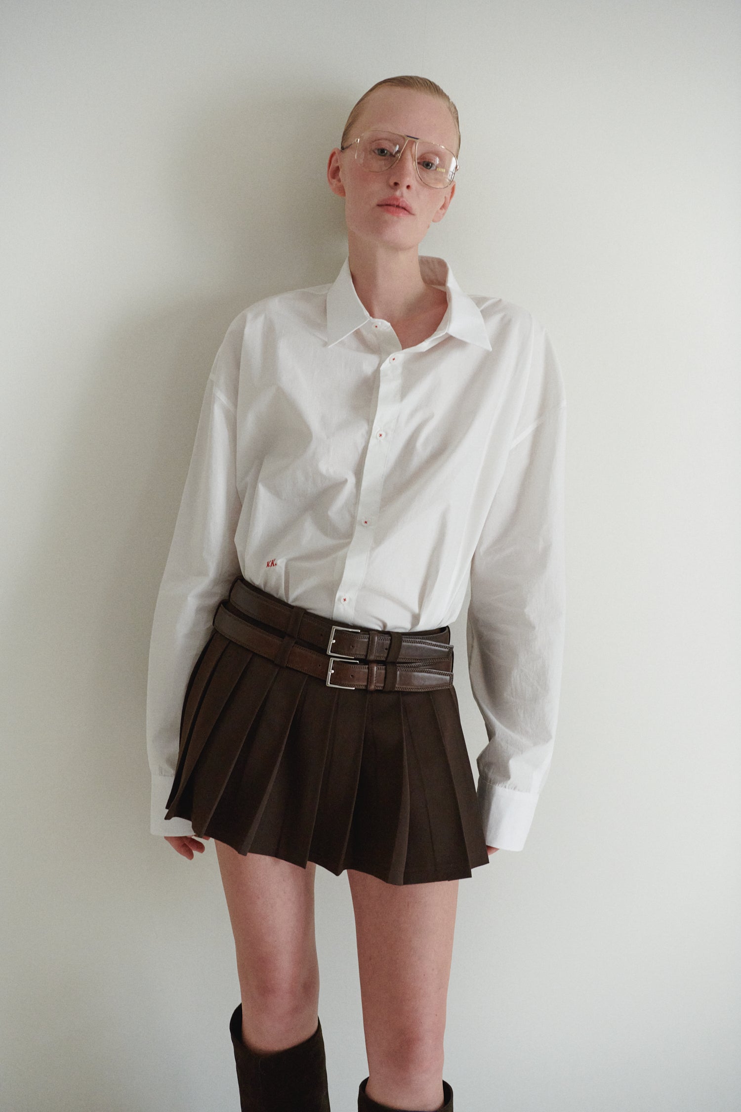 Brown Pleated Mini Skirt with Double Belt