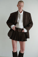 Brown Pleated Mini Skirt with Double Belt