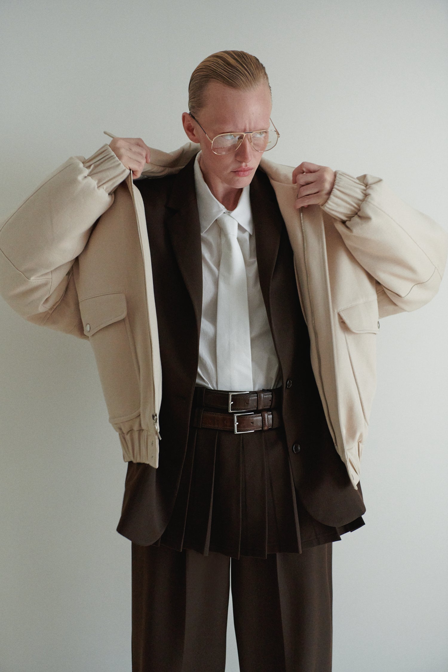 Beige Unisex Oversize Bomber Jacket With Pockets