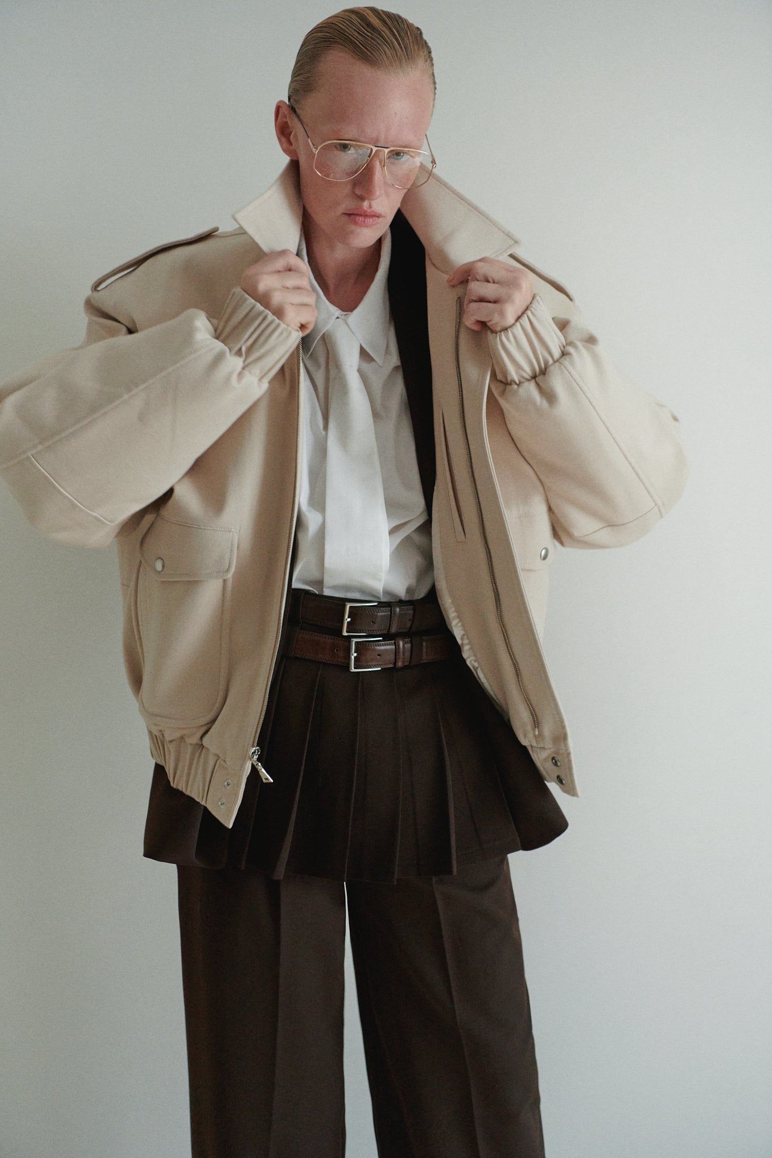 Beige Unisex Oversize Bomber Jacket With Pockets