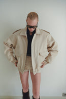 Beige Unisex Oversize Bomber Jacket With Pockets