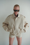 Beige Unisex Oversize Bomber Jacket With Pockets