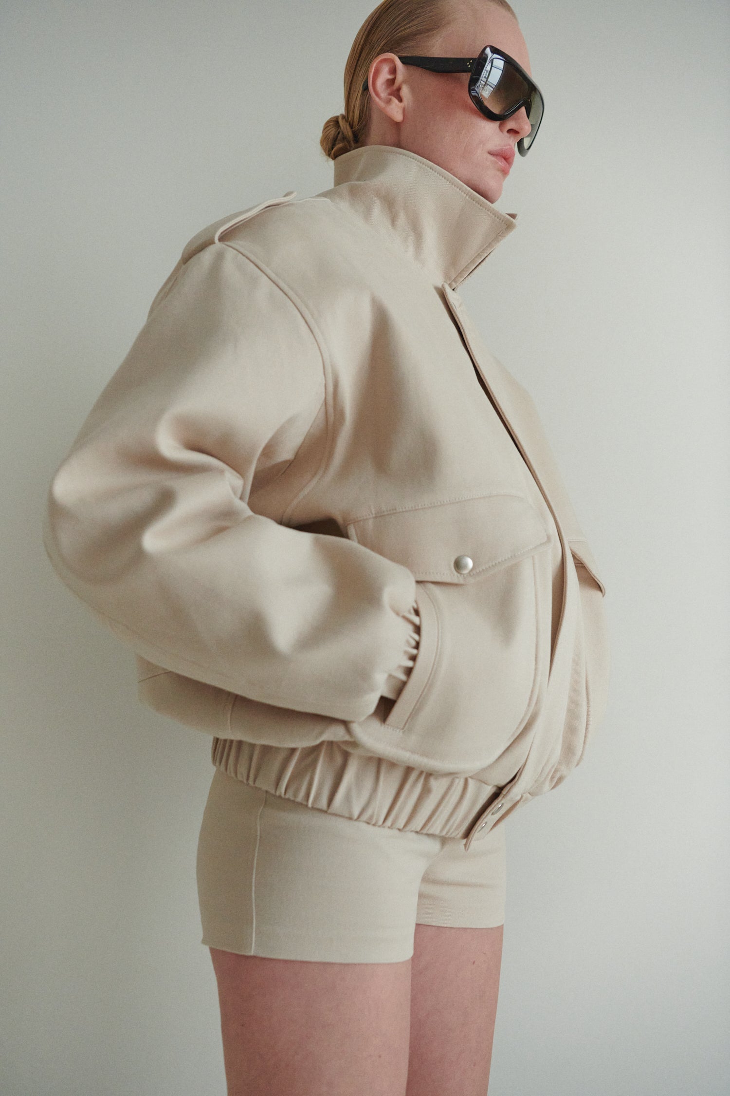 Beige Unisex Oversize Bomber Jacket With Pockets