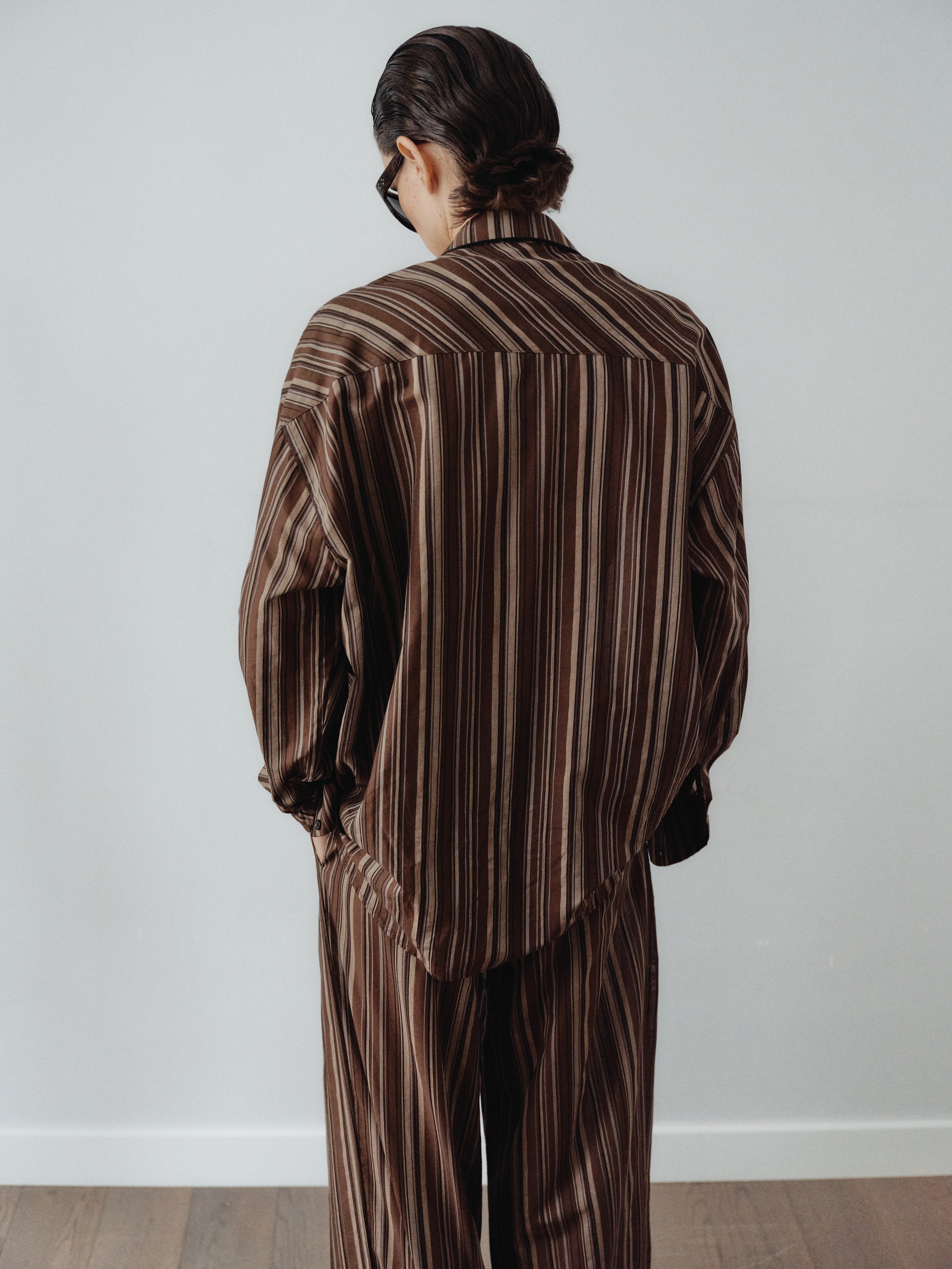 Brown Striped Oversize Unisex Shirt with Tie