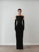 Black Structured Neckline Draped Dress with Gloves
