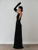 Black Structured Neckline Draped Dress with Gloves