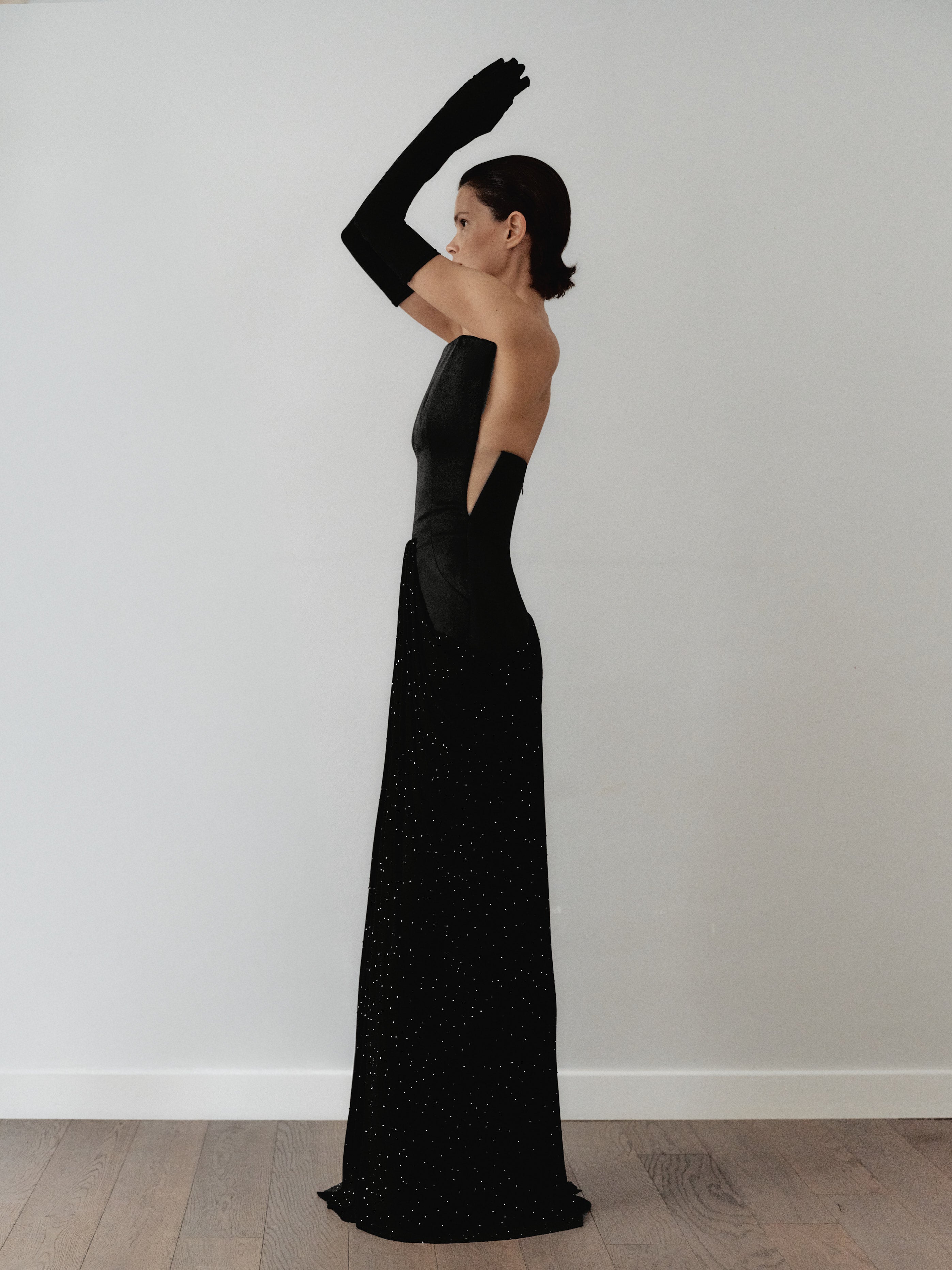 Black Structured Neckline Draped Dress with Gloves