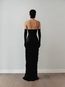 Black Structured Neckline Draped Dress with Gloves