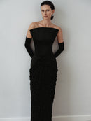 Black Structured Neckline Draped Dress with Gloves
