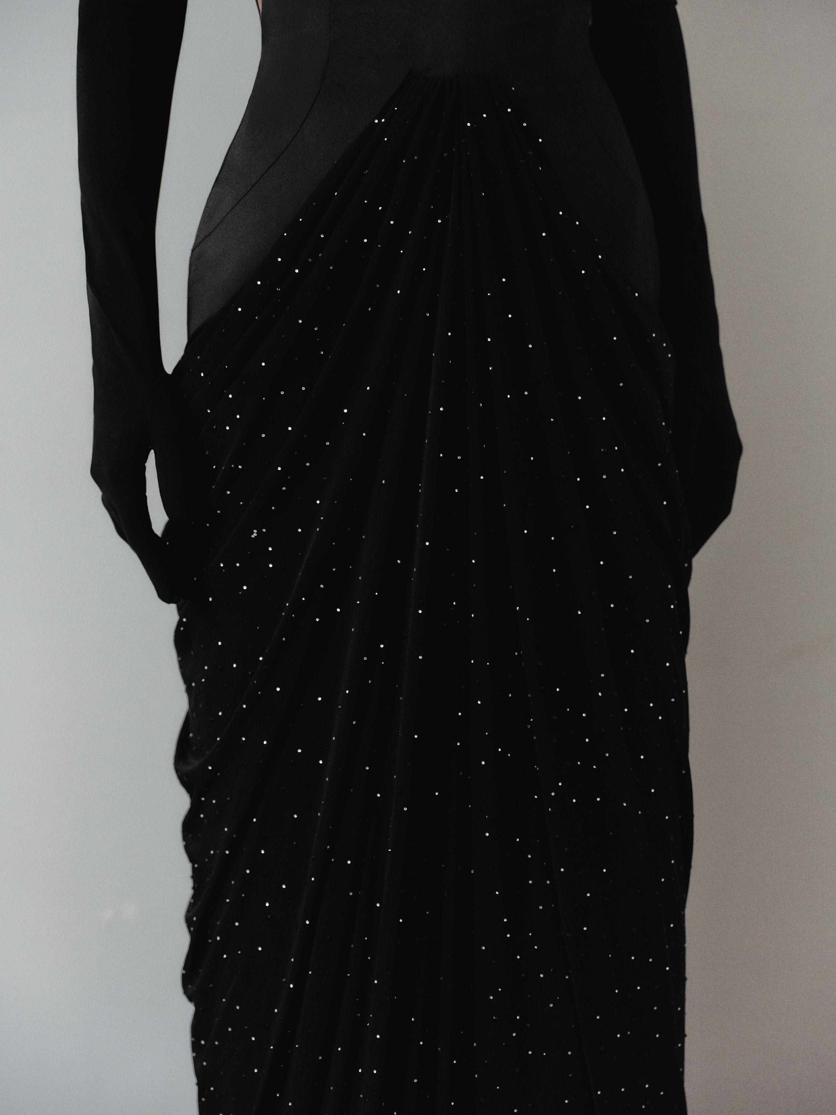 Black Structured Neckline Draped Dress with Gloves