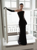 Black Structured Neckline Draped Dress with Gloves