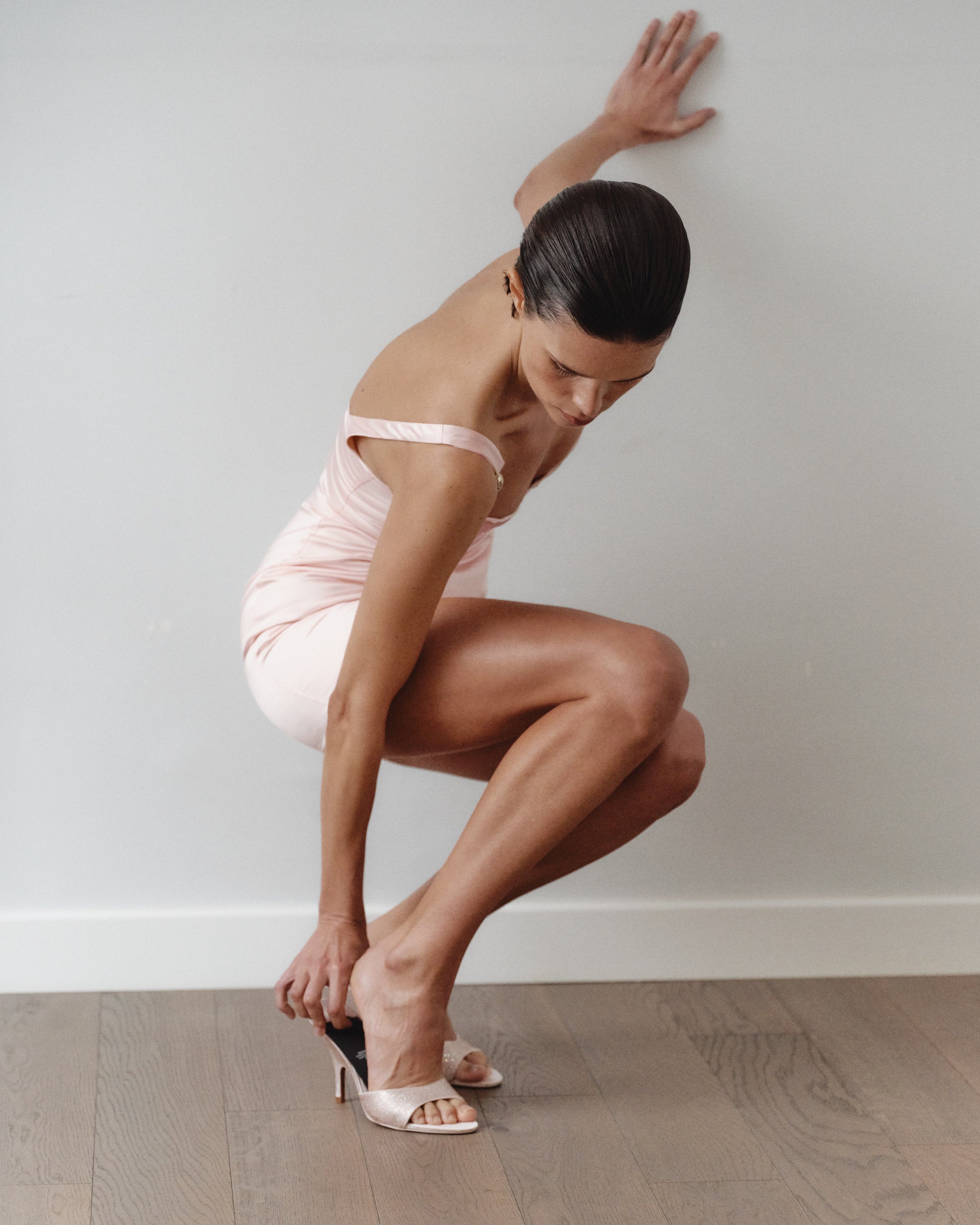 Light Pink Satin Mini Dress with Hand-Made Gold Plated Accesory