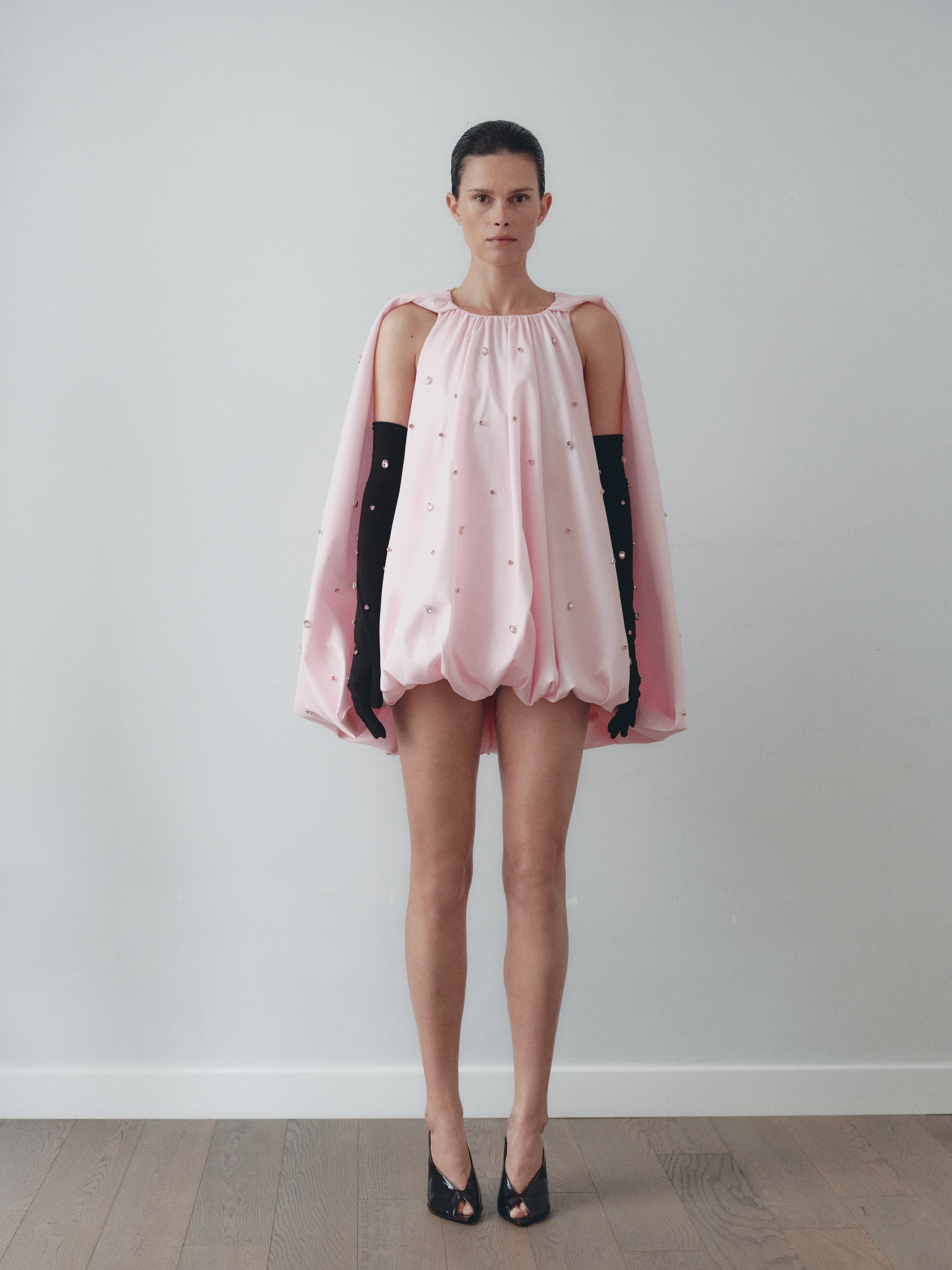 Light Pink Taffeta Balloon Dress with Gloves