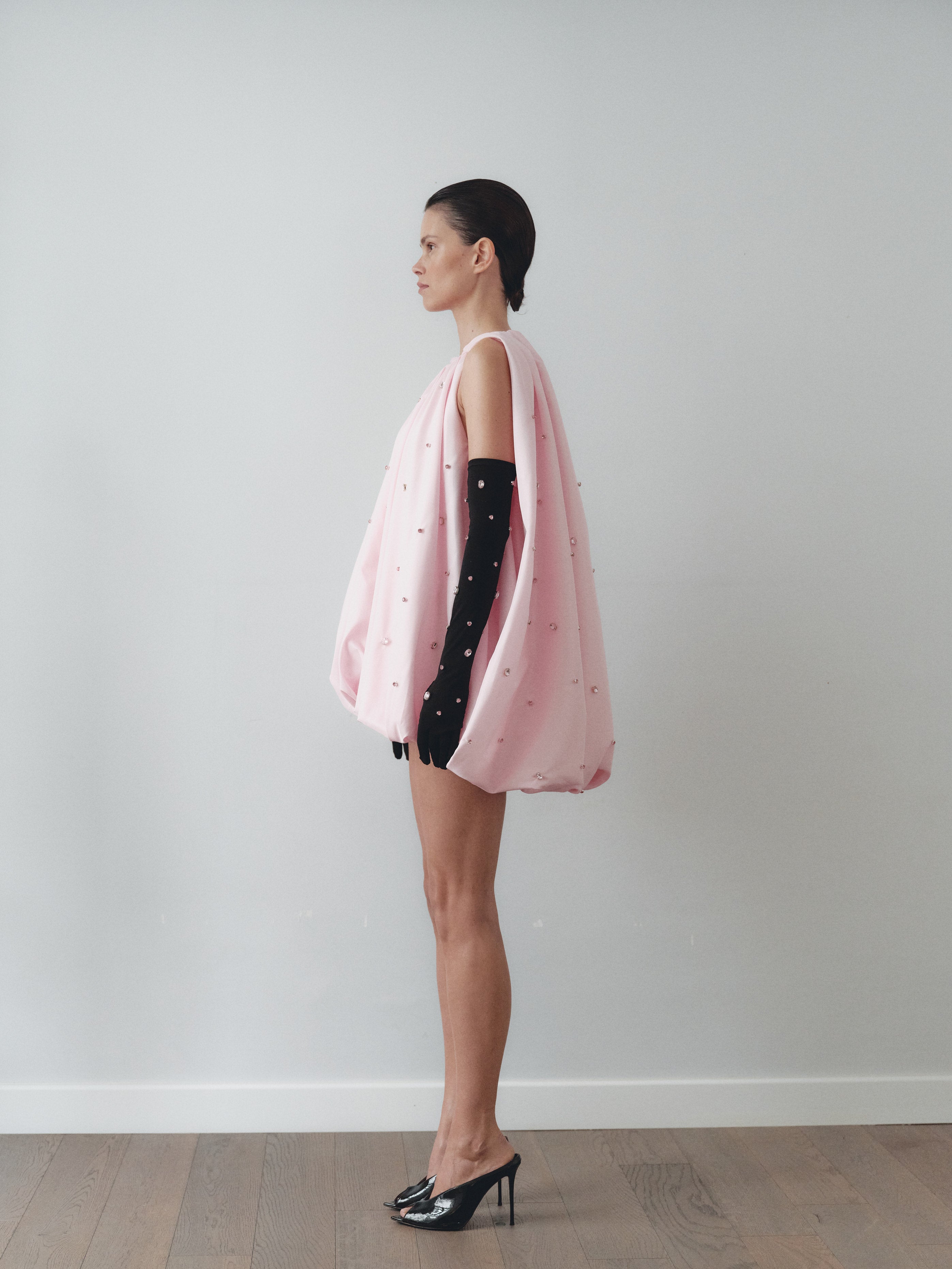Light Pink Taffeta Balloon Dress with Gloves