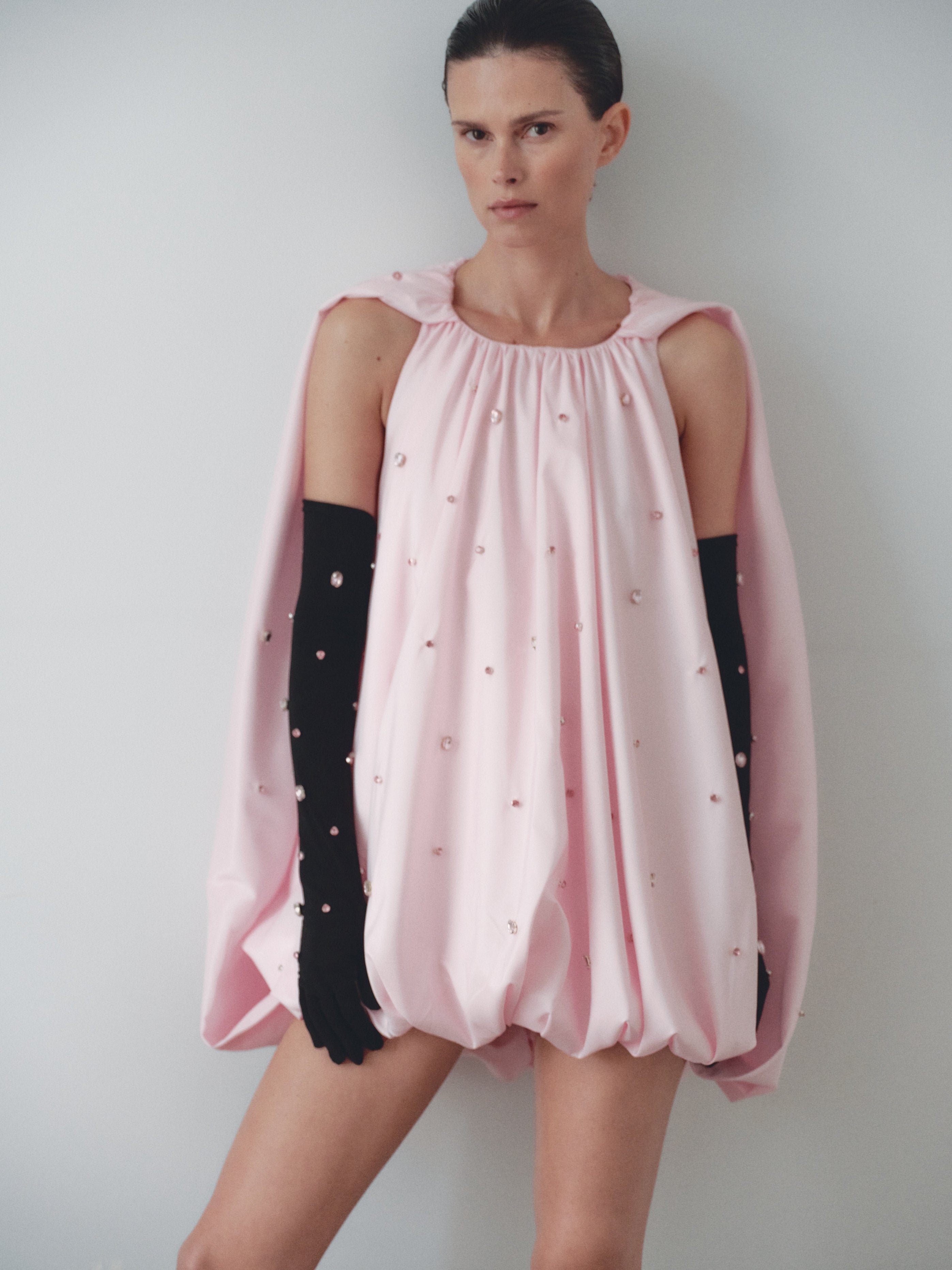 Light Pink Taffeta Balloon Dress with Gloves