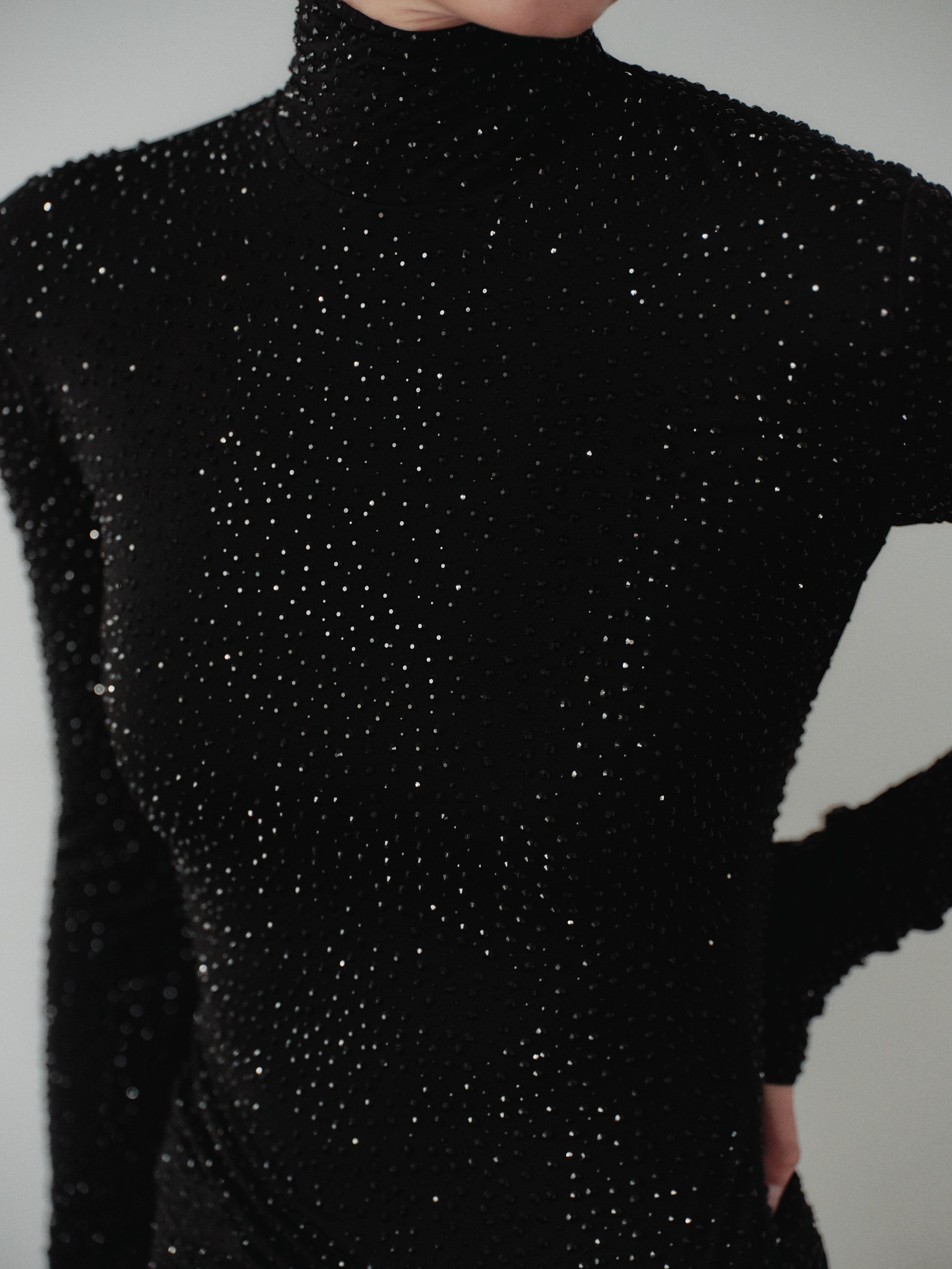 Black Stone Embellished Dress with Side Slit