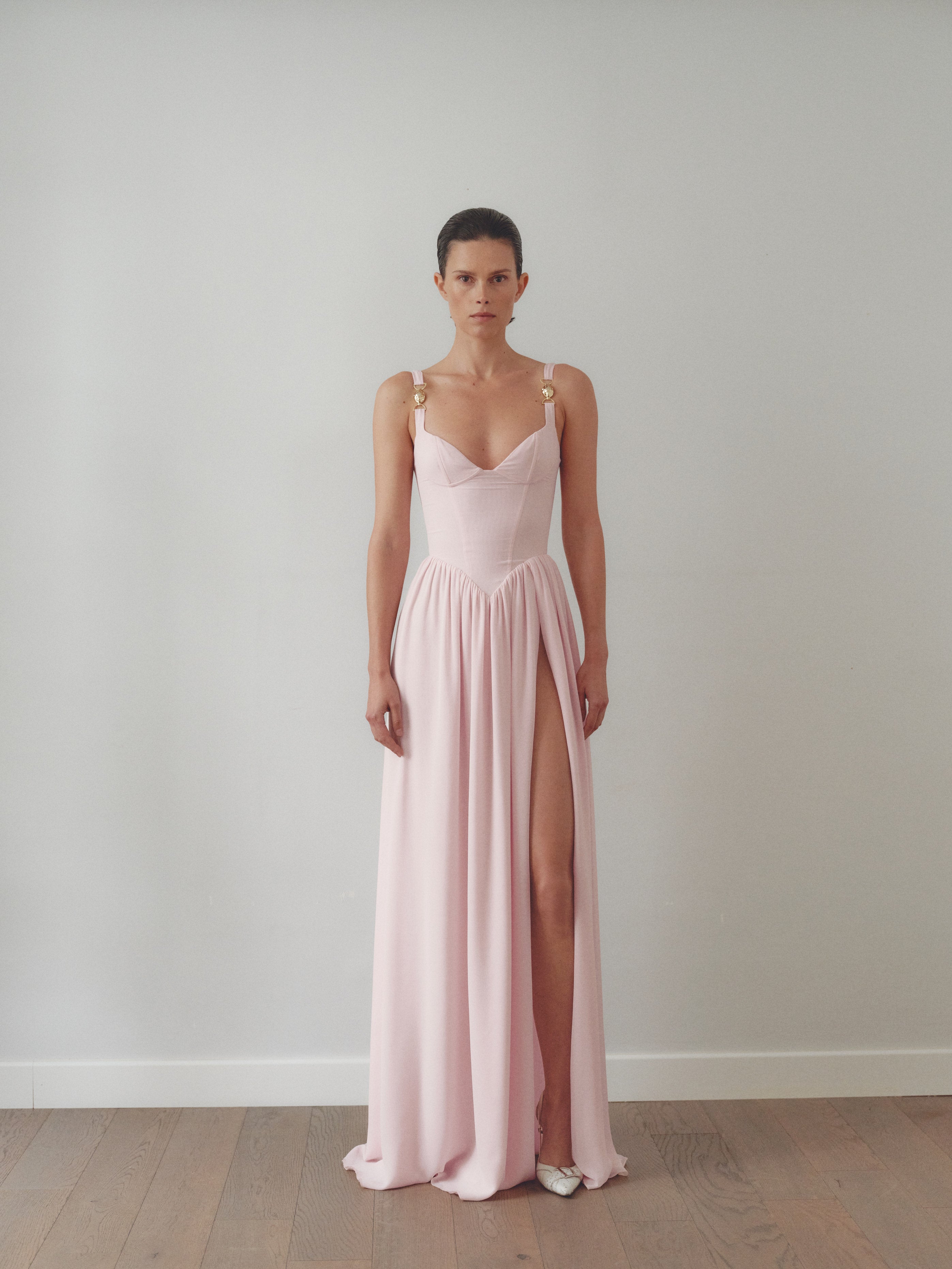 Light Pink Chiffon Maxi Dress with Hand-Made Gold Plated Accesory