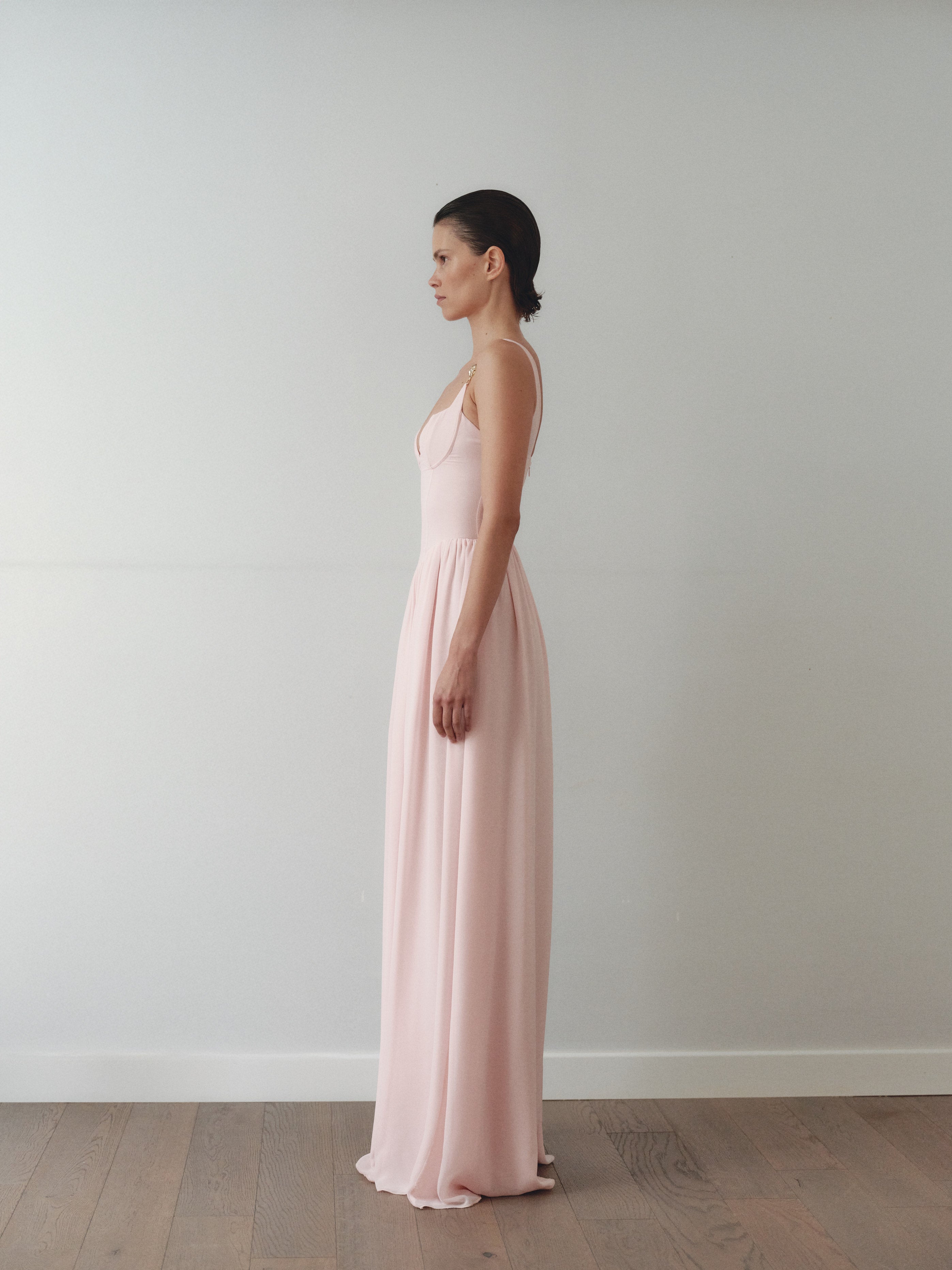 Light Pink Chiffon Maxi Dress with Hand-Made Gold Plated Accesory