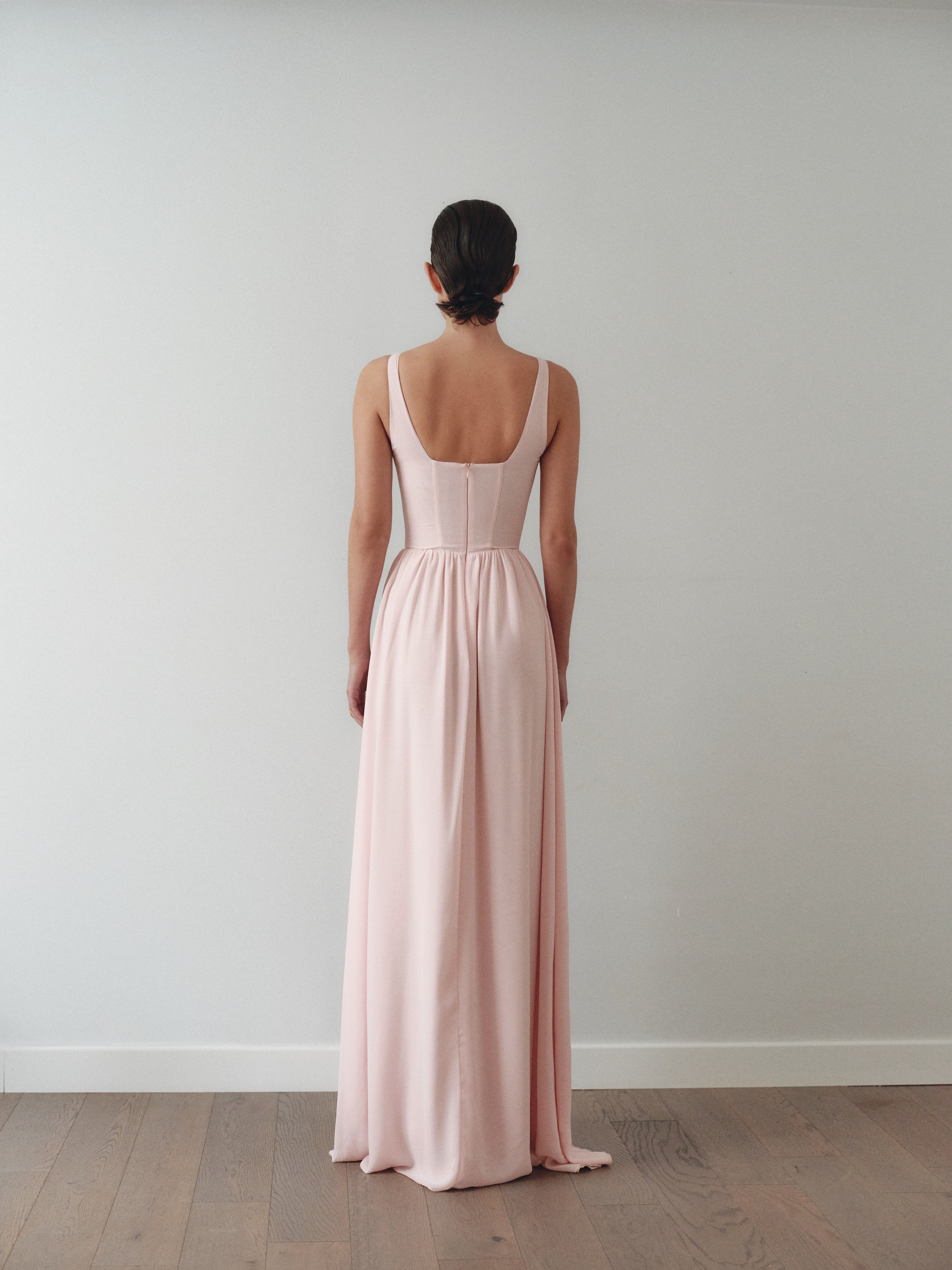 Light Pink Chiffon Maxi Dress with Hand-Made Gold Plated Accesory