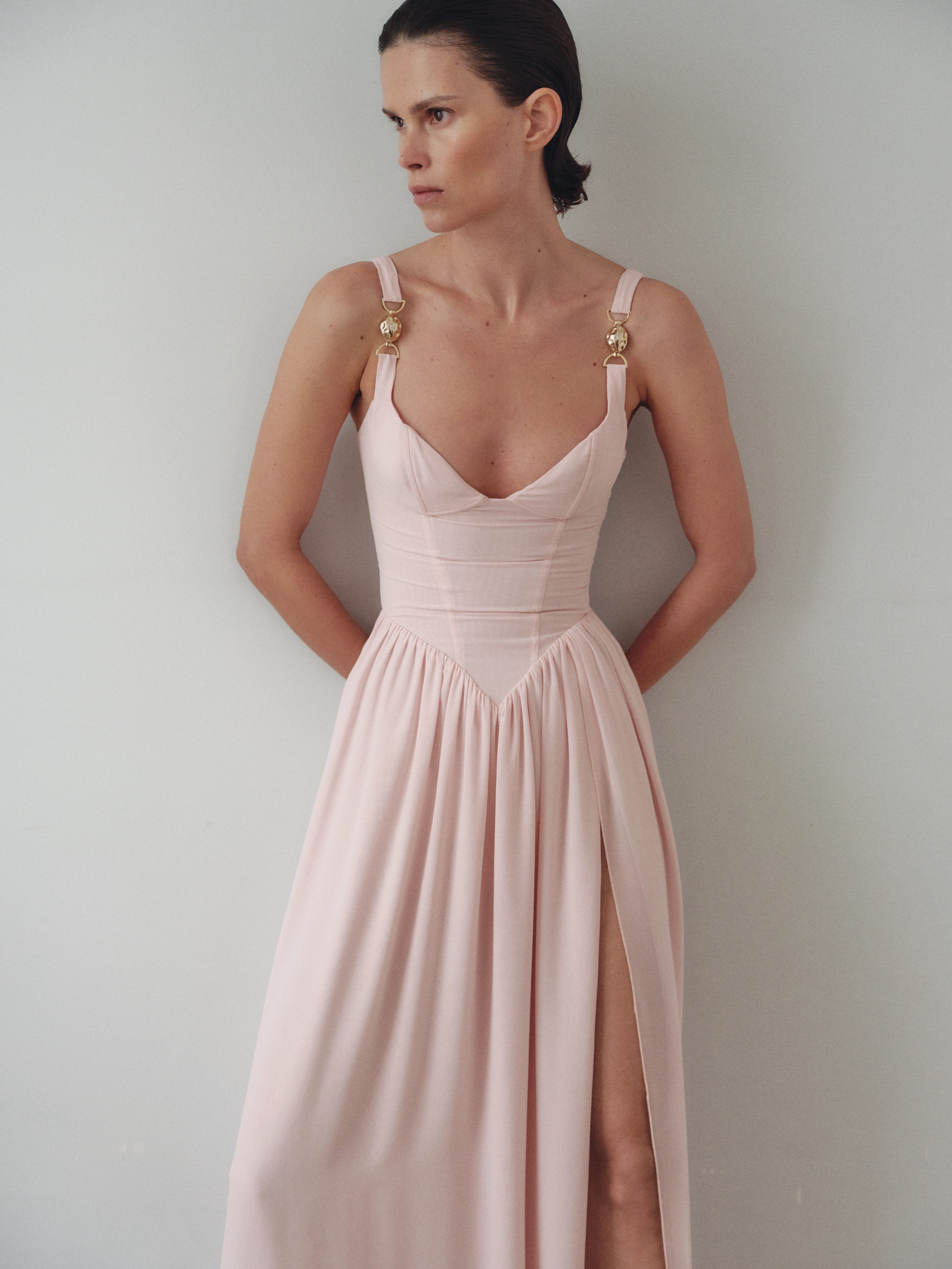 Light Pink Chiffon Maxi Dress with Hand-Made Gold Plated Accesory