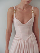 Light Pink Chiffon Maxi Dress with Hand-Made Gold Plated Accesory