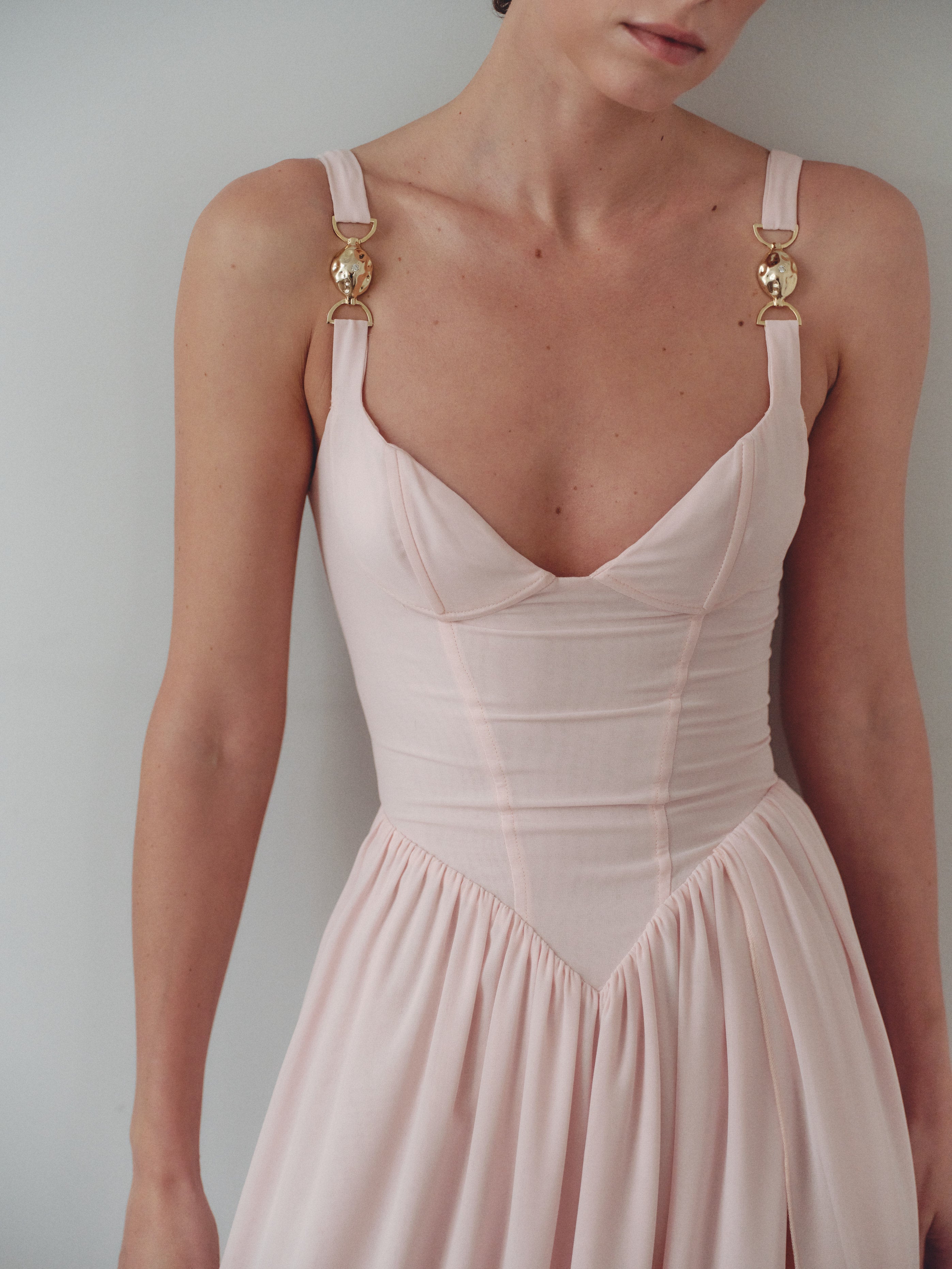 Light Pink Chiffon Maxi Dress with Hand-Made Gold Plated Accesory