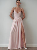 Light Pink Chiffon Maxi Dress with Hand-Made Gold Plated Accesory