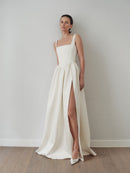 White Maxi Dress with Side Slit and Pockets