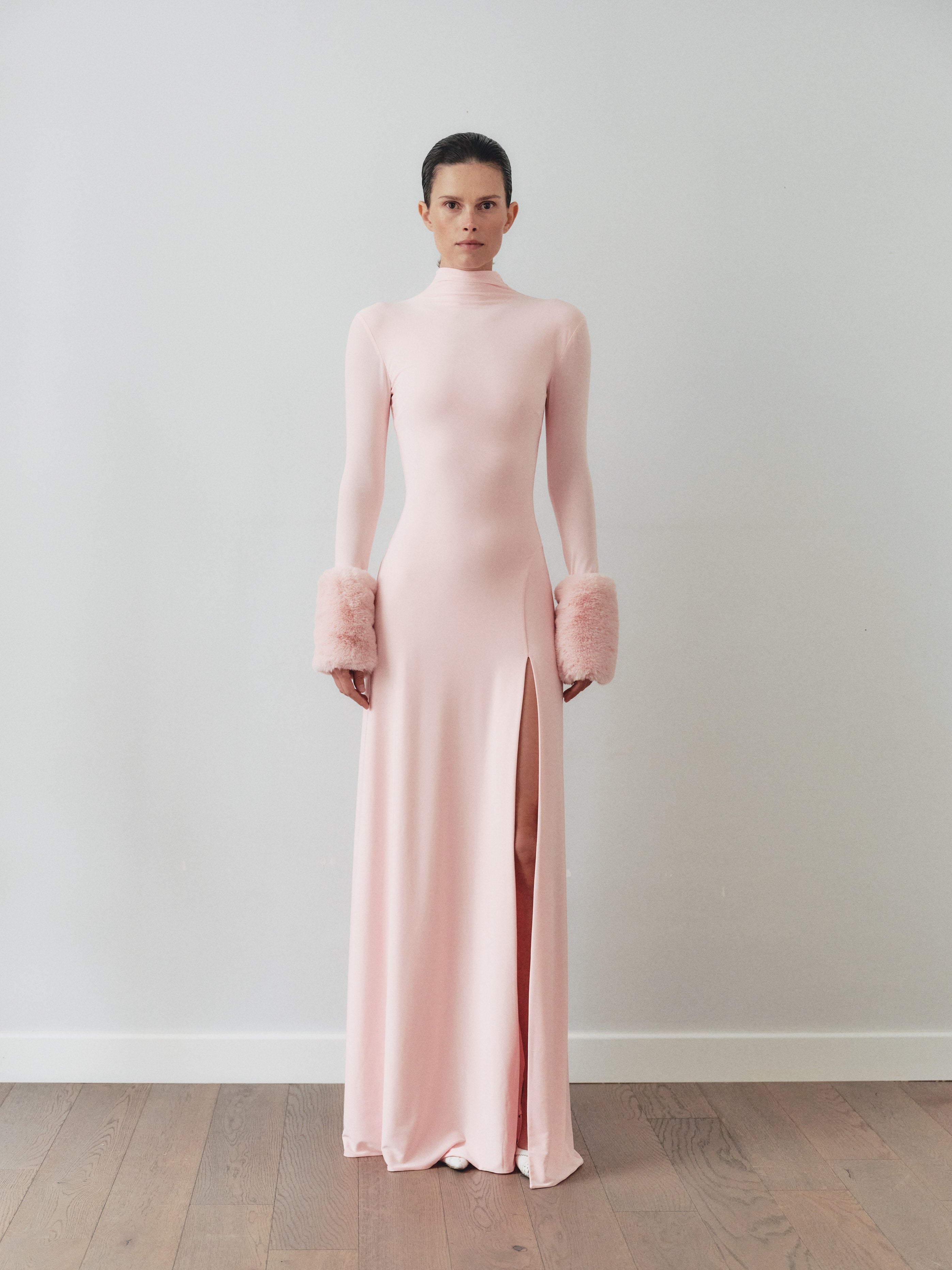 Light Pink Maxi Dress with Detachable Fur Details