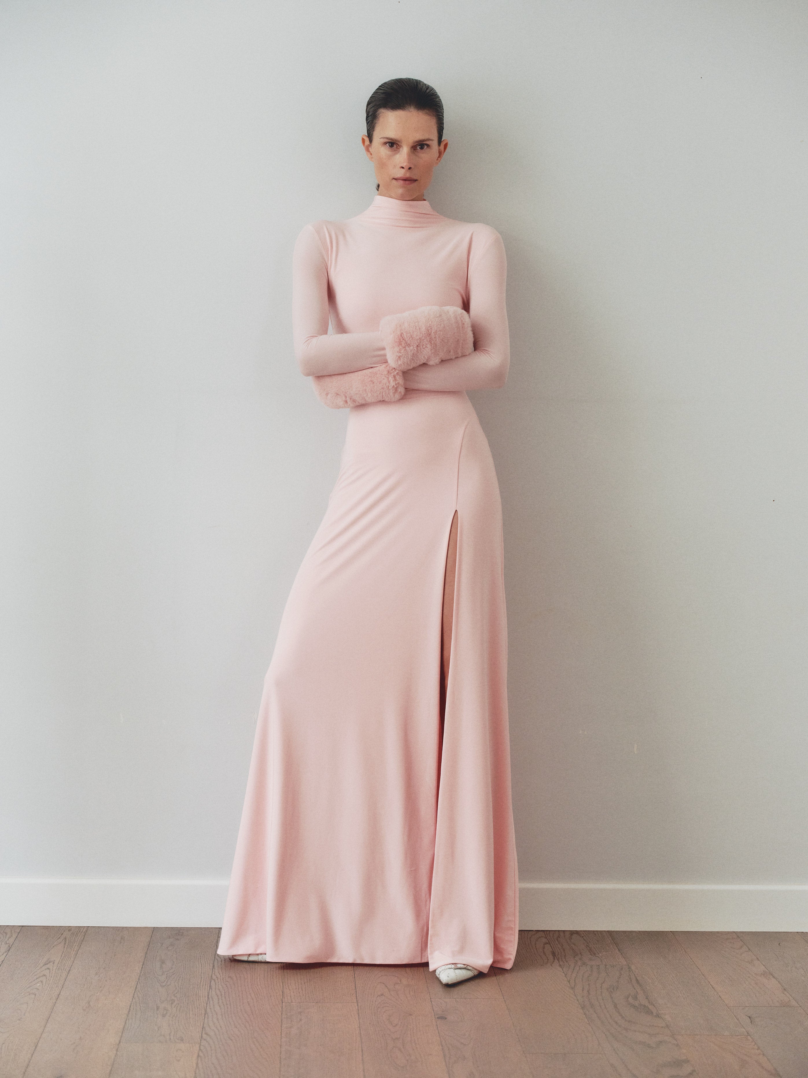 Light Pink Maxi Dress with Detachable Fur Details