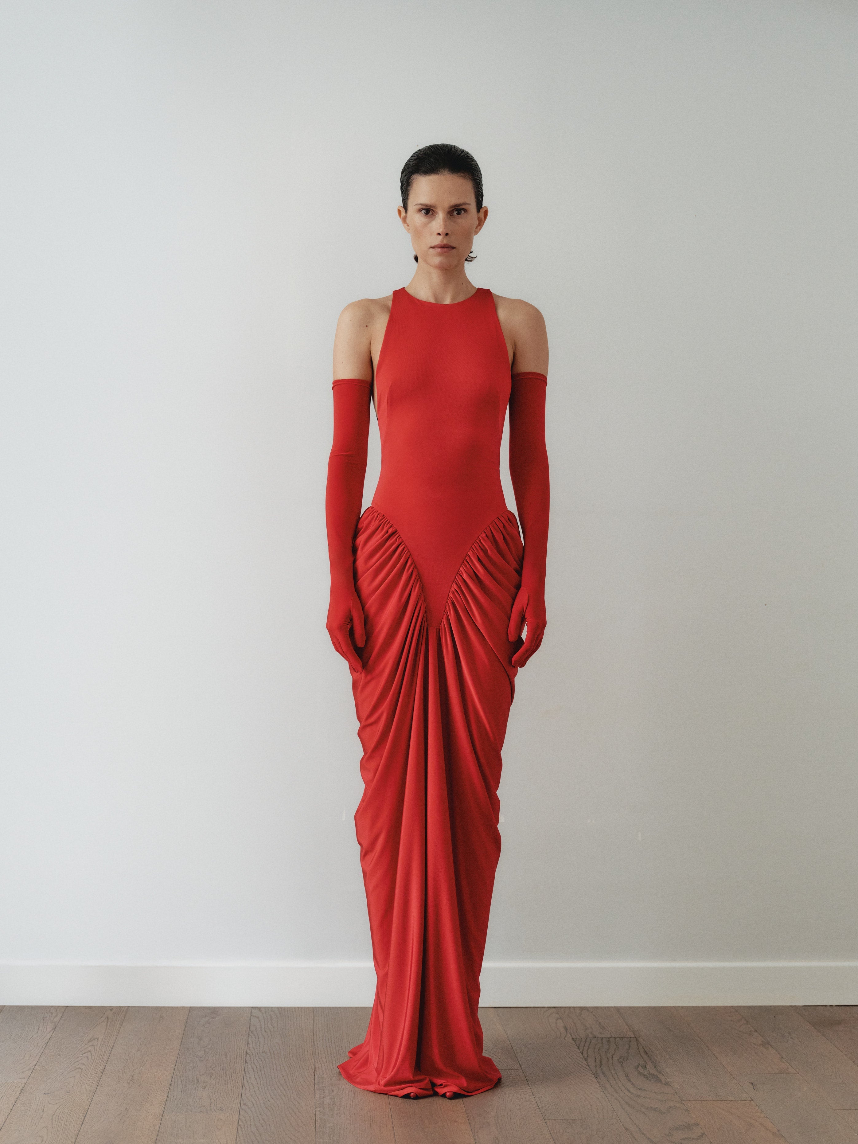 Red Halter Neck Draped Dress with Gloves