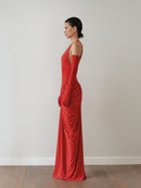 Red Halter Neck Draped Dress with Gloves