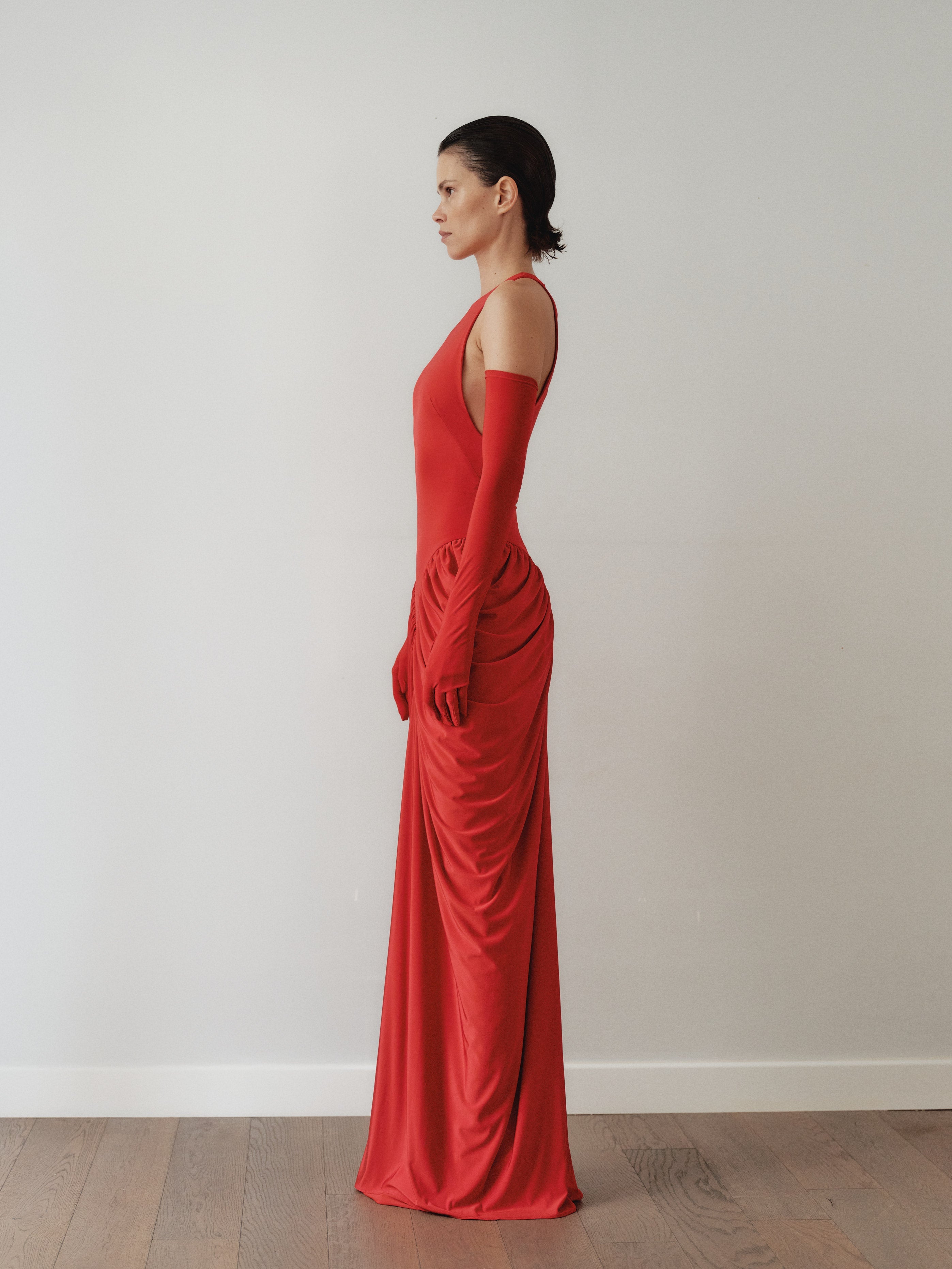 Red Halter Neck Draped Dress with Gloves