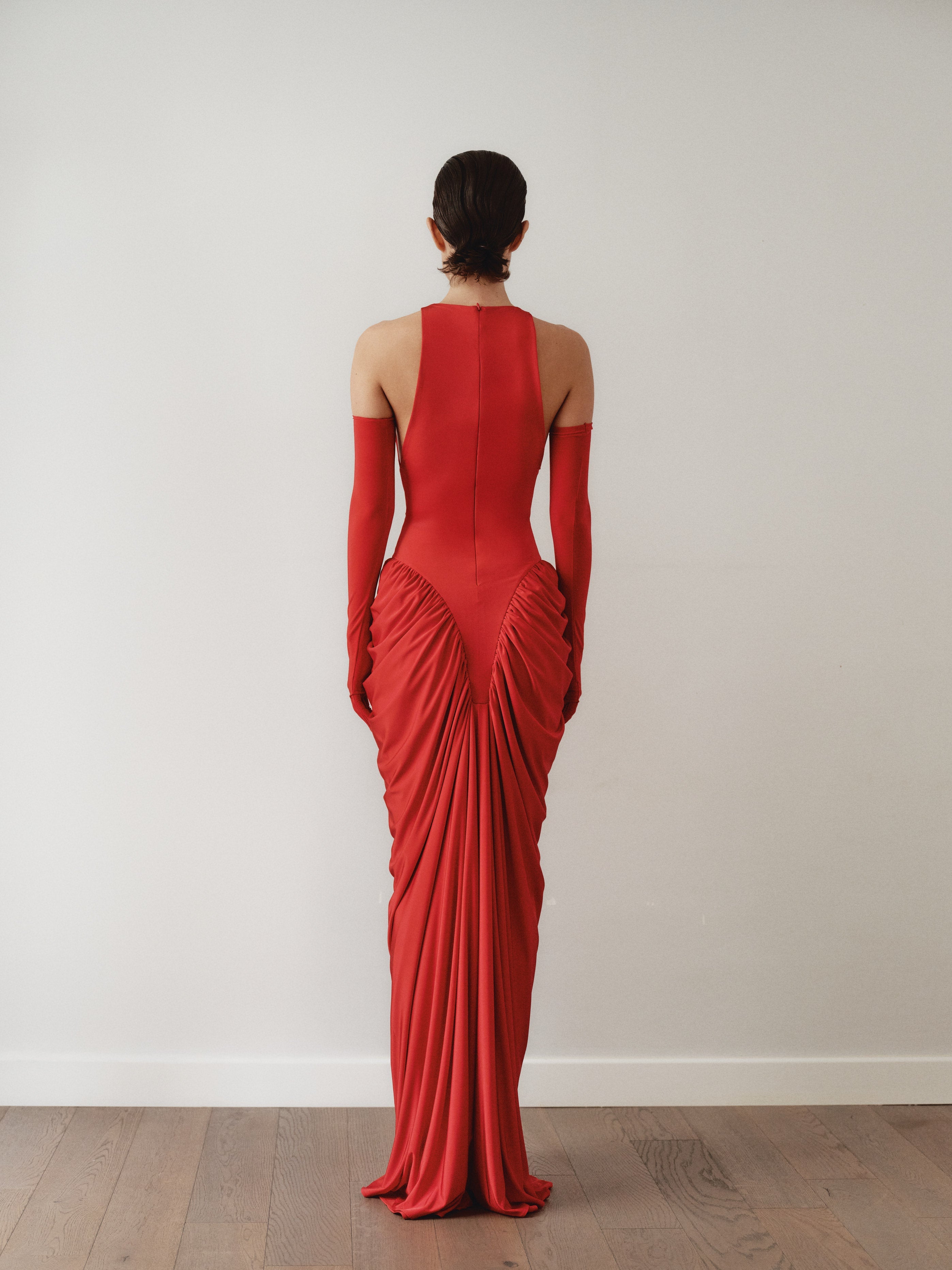 Red Halter Neck Draped Dress with Gloves