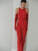 Red Halter Neck Draped Dress with Gloves